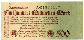 DEUTSCHES REICH BIS 1945, Geldscheine der Inflation, 1919-1924, 500 Milliarden Mark 26.10.1923, Reichsdruck, KN 8-stellig schwarz, Serie A.
I-
Ros.1...