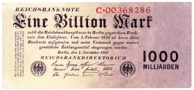 DEUTSCHES REICH BIS 1945, Geldscheine der Inflation, 1919-1924, 1 Billion Mark 01.11.1923, Reichsdruck, KN 8-stellig, Serie C.
II
Ros.126a; Grab.DEU...