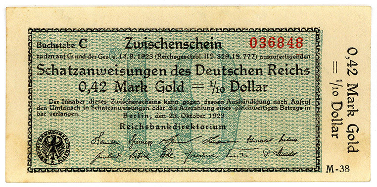 DEUTSCHES REICH BIS 1945, Wertbeständiges Notgeld, 1923, 0,42 Mark Gold =1/10 Do...
