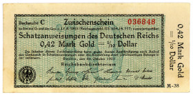 DEUTSCHES REICH BIS 1945, Wertbeständiges Notgeld, 1923, 0,42 Mark Gold =1/10 Dollar 23.10.1923, KN 6-stellig, FZ.M.
II
Ros.139a; Grab.WBN-15a