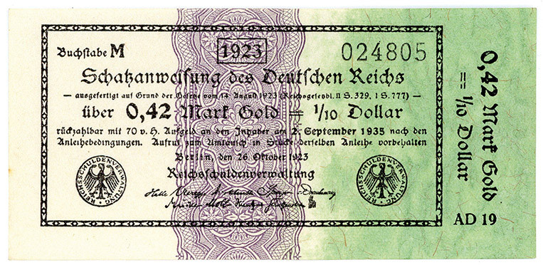 DEUTSCHES REICH BIS 1945, Wertbeständiges Notgeld, 1923, 0,42 Mark Gold =1/10 Do...