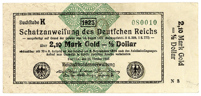 DEUTSCHES REICH BIS 1945, Wertbeständiges Notgeld, 1923, 2,10 Mark Gold =1/2 Dol...