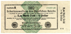 DEUTSCHES REICH BIS 1945, Wertbeständiges Notgeld, 1923, 2,10 Mark Gold =1/2 Dollar 26.10.1923, KN 6-stellig, Fz.N.
II
Ros.144a; Grab.WBN-14a