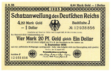 DEUTSCHES REICH BIS 1945, Wertbeständiges Notgeld, 1923, 4,20 Mark Gold =1 Dollar 02.09.1935, Reichsdruck, KN 8-stellig.
II
Ros.151b; Grab.WBN-9b