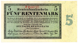DEUTSCHES REICH BIS 1945, Ausgaben der Deutschen Rentenbank, 1923-1937, 5 Rentenmark 01.11.1923. KN 7-stellig, Serie F.
II-
Ros.156b; Grab.DEU-201b