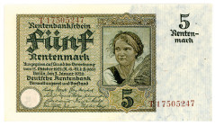 DEUTSCHES REICH BIS 1945, Ausgaben der Deutschen Rentenbank, 1923-1937, 5 Rentenmark 02.01.1926. KN 8-stellig braun.
I
Ros.164b; Grab.DEU-209b
