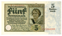 DEUTSCHES REICH BIS 1945, Ausgaben der Deutschen Rentenbank, 1923-1937, 5 Rentenmark 02.01.1926. KN 8-stellig, Serie U.
I
Ros.164b; Grab.DEU-209b