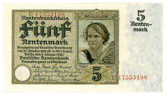 DEUTSCHES REICH BIS 1945, Ausgaben der Deutschen Rentenbank, 1923-1937, 5 Rentenmark 02.01.1926. KN 8-stellig, Serie U.
I
Ros.164b; Grab.DEU-209b