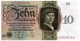 DEUTSCHES REICH BIS 1945, Ausgaben der Deutschen Reichsbank, 1924-1945, 10 Reichsmark 11.10.1924, KN 7-stellig (0000046), Serie U/A.
I/I-
Ros.168a; ...