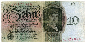 DEUTSCHES REICH BIS 1945, Ausgaben der Deutschen Reichsbank, 1924-1945, 10 Reichsmark 11.10.1924, KN 7-stellig, Serie U/F.
gepresst, Nadellöcher, IV...