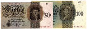 DEUTSCHES REICH BIS 1945, Ausgaben der Deutschen Reichsbank, 1924-1945, 50 Reichsmark 11.10.1924 Serie L/A; 100 Reichsmark 11.10.1924 Serie O/A.
II
...