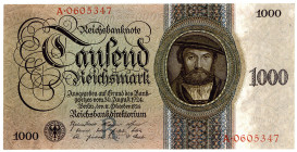 DEUTSCHES REICH BIS 1945, Ausgaben der Deutschen Reichsbank, 1924-1945, 1000 Reichsmark 11.10.1924, KN 7-stellig, Serie R/A.
I/I-
Ros.172a; Grab.DEU...