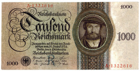 DEUTSCHES REICH BIS 1945, Ausgaben der Deutschen Reichsbank, 1924-1945, 1000 Reichsmark 11.10.1924, KN 7-stellig, Serie R/A.
III
Ros.172a; Grab.DEU-...