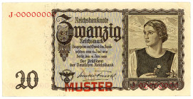 DEUTSCHES REICH BIS 1945, Ausgaben der Deutschen Reichsbank, 1924-1945, 20 Reichsmark 16.06.1939, Tirolerschein. MUSTER.
II-
Ros.178M; Grab.DEU-215M