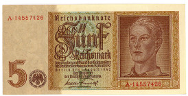 DEUTSCHES REICH BIS 1945, Ausgaben der Deutschen Reichsbank, 1924-1945, 5 Reichsmark 01.08.1942, KN 8-stellig, Wasserzeichen kopfstehend.
I
Ros.179b...