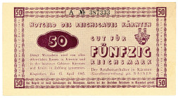 DEUTSCHES REICH BIS 1945, Notausgaben, Frühjahr 1945, Reichsgau Kärnten. 50 Reichsmark Notgeld 15.04.1945.
I-II
Ros.187; Grab.DEU-263