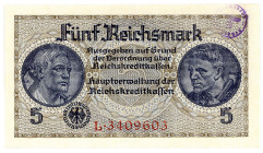 DEUTSCHES REICH BIS 1945, Notausgaben, Frühjahr 1945, Abstempelungen in Schleswig-Holstein. 5 Reichsmark o.D. Rendsburg.
I
Ros.191; Grab.DEU-267