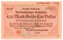 DEUTSCHES REICH BIS 1945, Staatliche Notausgaben der Deutschen Reichsbahn, 1923-1924, 4,20 Mark Gold = 1 Dollar 07.11.1923, KN 3,8mm, FZ.RA, Rs.entwer...