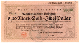DEUTSCHES REICH BIS 1945, Staatliche Notausgaben der Deutschen Reichsbahn, 1923-1924, 8,40 Mark Gold = 2 Dollar 07.11.1923, FZ.HR, Rs.entwertet.
I
R...