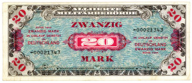ALLIIERTE BESETZUNG, Alliierte Militärbehörde, 1944, 20 Mark 1944, Besatzungsgeld, US-Druck, KN 8-stellig mit - (Austauschnote).
II
Ros.204b; Grab.A...