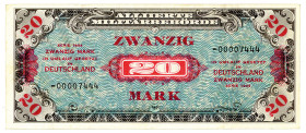 ALLIIERTE BESETZUNG, Alliierte Militärbehörde, 1944, 20 Mark 1944, Besatzungsgeld, US-Druck, KN 8-stellig mit - (Austauschnote).
III
Ros.204b; Grab....