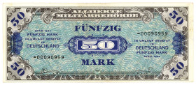 ALLIIERTE BESETZUNG, Alliierte Militärbehörde, 1944, 50 Mark 1944, Besatzungsgeld, US-Druck, KN 8-stellig mit -(Ausstauschnote).
II
Ros.205b; Grab.A...