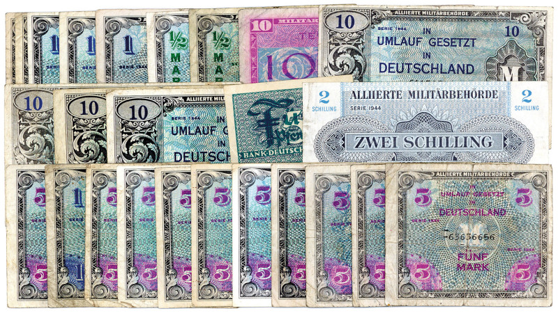 ALLIIERTE BESETZUNG, Alliierte Militärbehörde, 1944, Lot Banknoten aus 1944: 1/2...