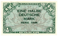 BUNDESREPUBLIK DEUTSCHLAND AB 1948, Noten der Bank Deutscher Länder, 1948-1949, 1/2 DM 1948, ohne KN und Serie.
I
Ros.230; Grab.WBZ-1