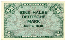 BUNDESREPUBLIK DEUTSCHLAND AB 1948, Noten der Bank Deutscher Länder, 1948-1949, 1/2 DM 1948, ohne KN und Serie.
I-I-
Ros.230; Grab.WBZ-1