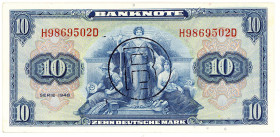 BUNDESREPUBLIK DEUTSCHLAND AB 1948, Noten der Bank Deutscher Länder, 1948-1949, 10 Deutsche Mark 1948, Serie H/D, mit B-Stempel.
I/I-
Ros.239a; Grab...