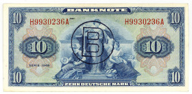 BUNDESREPUBLIK DEUTSCHLAND AB 1948, Noten der Bank Deutscher Länder, 1948-1949, 10 Deutsche Mark 1948, Serie H/A, mit B-Stempel.
II-
Ros.239a; Grab....