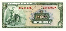 BUNDESREPUBLIK DEUTSCHLAND AB 1948, Noten der Bank Deutscher Länder, 1948-1949, 20 Deutsche Mark 1948, Serie J/K, mit B-Stempel.
I/I-
Ros.241a; Grab...