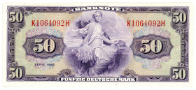 BUNDESREPUBLIK DEUTSCHLAND AB 1948, Noten der Bank Deutscher Länder, 1948-1949, 50 Deutsche Mark 1948, Serie K/M. Sehr farbfrisches Exemplar.
I
Ros....