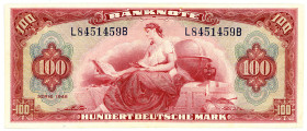 BUNDESREPUBLIK DEUTSCHLAND AB 1948, Noten der Bank Deutscher Länder, 1948-1949, 100 Deutsche Mark 1948, L/B, Roter Hunderter. Etwas gepresst.
II-
Ro...
