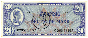 BUNDESREPUBLIK DEUTSCHLAND AB 1948, Noten der Bank Deutscher Länder, 1948-1949, 20 Deutsche Mark o.D (1948), Liberty, mit B-Stempel.
II
Ros.247a; Gr...