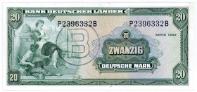 BUNDESREPUBLIK DEUTSCHLAND AB 1948, Noten der Bank Deutscher Länder, 1948-1949, 20 Deutsche Mark 22.8.1949, Serie P/B, mit B-Stempel.
II
Ros.261; Gr...