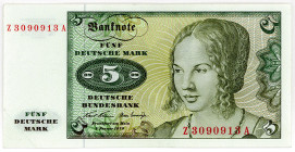 BUNDESREPUBLIK DEUTSCHLAND AB 1948, Noten der Deutschen Bundesbank, 1960-1999, 5 Deutsche Mark 02.01.1970, Serie Z/A Austauschnote.
II-
Ros.269b; Gr...