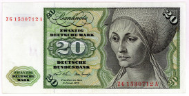 BUNDESREPUBLIK DEUTSCHLAND AB 1948, Noten der Deutschen Bundesbank, 1960-1999, 20 Deutsche Mark 02.01.1970, ZG/A Austauschnote.
III+
Ros.271c; Grab....