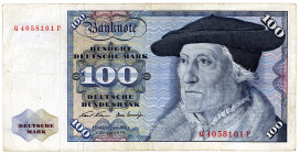 BUNDESREPUBLIK DEUTSCHLAND AB 1948, Noten der Deutschen Bundesbank, 1960-1999, 100 DM 2.1.1970, Serie Q/P Fehldruck "Hundert" fehlt in linker Rosette....