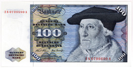 BUNDESREPUBLIK DEUTSCHLAND AB 1948, Noten der Deutschen Bundesbank, 1960-1999, 100 DM 2.1.1970, Serie Z/A Austauschnote.
I/I-
Ros.273c; Grab.BRD-17c