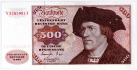 BUNDESREPUBLIK DEUTSCHLAND AB 1948, Noten der Deutschen Bundesbank, 1960-1999, 500 Deutsche Mark 01.06.1977, Serie V/F.
I-
Ros.279a; Grab.BRD-23a