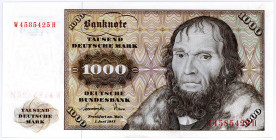 BUNDESREPUBLIK DEUTSCHLAND AB 1948, Noten der Deutschen Bundesbank, 1960-1999, 1000 DM 01.06.1977, Serie W/H.
I/I-
Ros.280a; Grab.BRD-24a