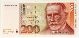 BUNDESREPUBLIK DEUTSCHLAND AB 1948, Noten der Deutschen Bundesbank, 1960-1999, 200 DM 02.01.1989, Serie YA/D, Austauschnote.
II+
Ros.295b; Grab.BRD-...
