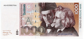 BUNDESREPUBLIK DEUTSCHLAND AB 1948, Noten der Deutschen Bundesbank, 1960-1999, 1000 DM 01.08.1991, Serie AG/D.
I-II
Ros.302a; Grab.BRD-46a