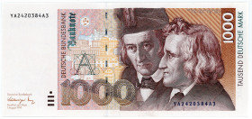 BUNDESREPUBLIK DEUTSCHLAND AB 1948, Noten der Deutschen Bundesbank, 1960-1999, 1000 DM 01.08.1991, Serie YA/A Austauschnote.
I
Ros.302b; Grab.BRD-46...