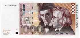 BUNDESREPUBLIK DEUTSCHLAND AB 1948, Noten der Deutschen Bundesbank, 1960-1999, 1000 DM 01.08.1991, Serie YA/A Austauschnote.
I-
Ros.302b; Grab.BRD-4...