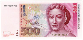 BUNDESREPUBLIK DEUTSCHLAND AB 1948, Noten der Deutschen Bundesbank, 1960-1999, 500 Deutsche Mark 01.10.1993, Serie YA/A Austauschnote.
I
Ros.307b; G...