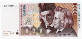 BUNDESREPUBLIK DEUTSCHLAND AB 1948, Noten der Deutschen Bundesbank, 1960-1999, 1000 DM 01.10.1993, Serie ZA/A Austauschnote.
I/I-
Ros.308b; Grab.BRD...
