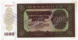 DEUTSCHE DEMOKRATISCHE REPUBLIK, 1948-1989, Ausgaben der Deutschen Notenbank, 1948-1964, 1000 Mark 1948, KN aus laufender Serie, Perforation und Stemp...