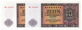 DEUTSCHE DEMOKRATISCHE REPUBLIK, 1948-1989, Ausgaben der Deutschen Notenbank, 1948-1964, 2x 10 Mark 1955 YG Austauschnoten, nummernfolgende Exemplare ...